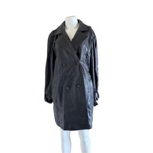 Maurices women’s black leather jacket Large long trench coat posh 90s